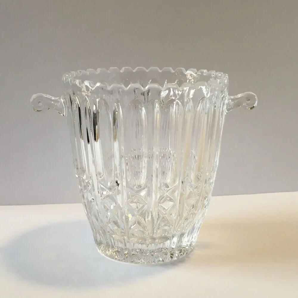 Vintage Crystal Ice Bucket Champagne Wine Coller Handles Saw Tooth Edge